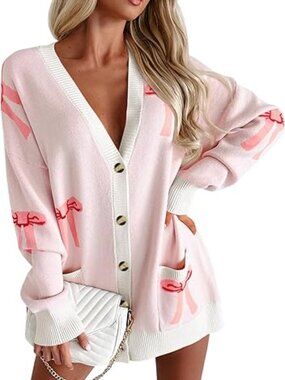 Women's Light Pink Bow-Print Cardigan Sweater